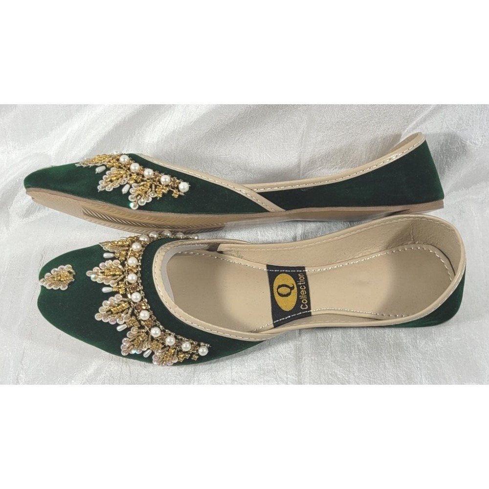Q Women's Pakistani Ethnic Flat Beaded Velvet Pearl Khussa Shoes - Green - Sz 10